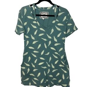 Effie's Heart Marbella Feather Print Teal Green Tunic LARGE Double Strap Pocket